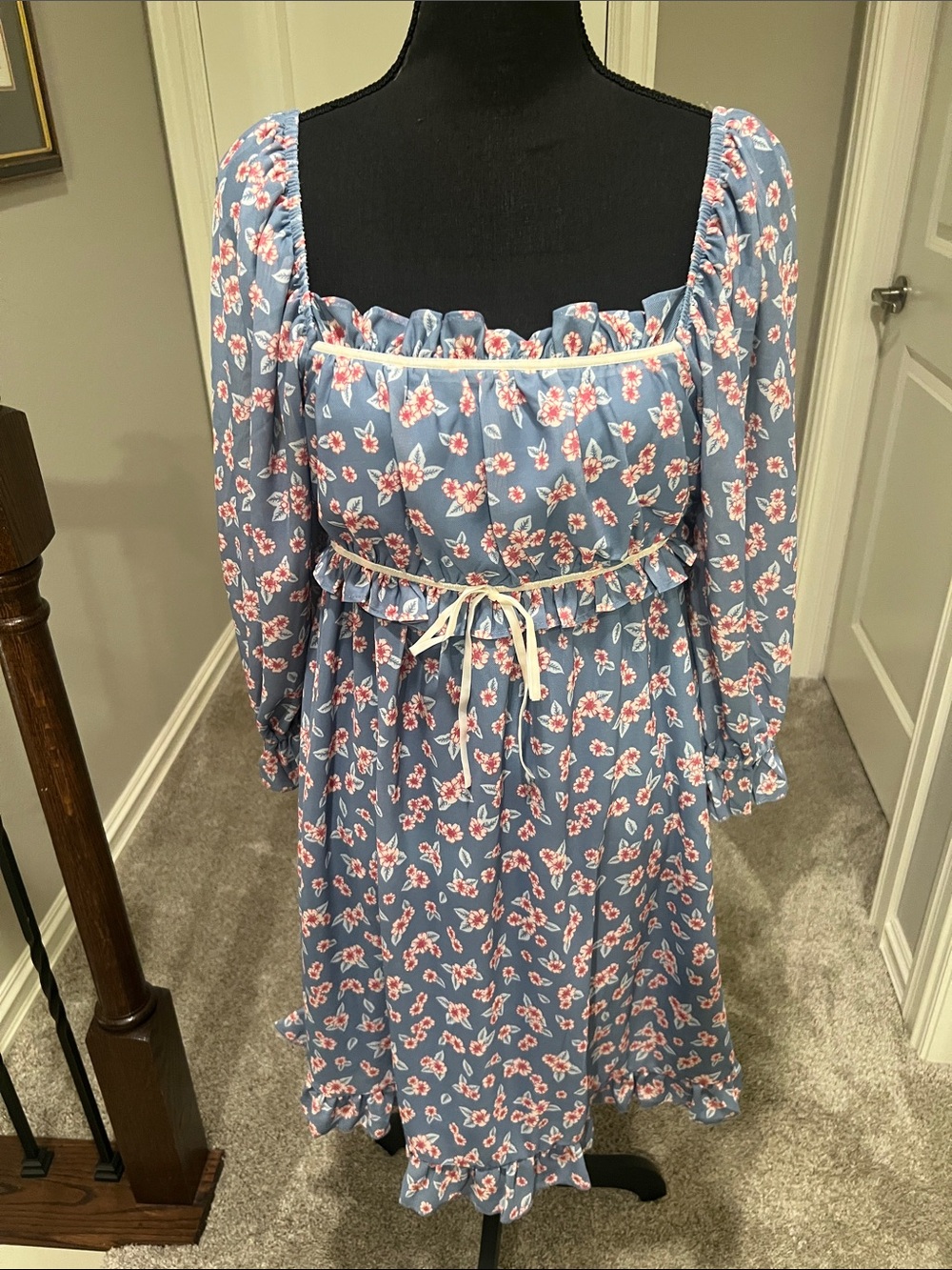 Cato Light Blue Floral Long-Sleeve Tie-Waist Dress